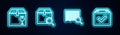 Set line Delivery box with fragile content, Search package, barcode and Package check mark. Glowing neon icon. Vector Royalty Free Stock Photo