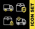 Set line Delivery box security shield, tracking, Locked package and cargo truck vehicle icon. Vector Royalty Free Stock Photo
