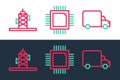 Set line Delivery cargo truck, Antenna and Processor with microcircuits CPU icon. Vector