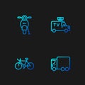Set line Delivery cargo truck, Bicycle, Scooter and TV News. Gradient color icons. Vector Royalty Free Stock Photo