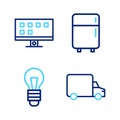 Set line Delivery cargo truck, Light bulb, Refrigerator and Smart Tv icon. Vector