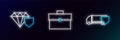 Set line Delivery cargo truck with shield, Diamond and Briefcase icon. Glowing neon. Vector Royalty Free Stock Photo