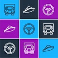 Set line Delivery cargo truck, Steering wheel and Speedboat icon. Vector