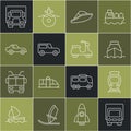 Set line Delivery cargo truck, Tram and railway, Cruise ship, Speedboat, Car, and Scooter icon. Vector