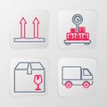 Set line Delivery cargo truck vehicle, box with fragile content, Scale cardboard and This side up icon. Vector