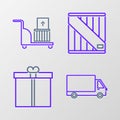 Set line Delivery cargo truck vehicle, Gift box, Wooden and Electric hand and boxes icon. Vector Royalty Free Stock Photo