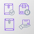 Set line Delivery hand with box, Envelope, Cardboard clock and check mark icon. Vector Royalty Free Stock Photo