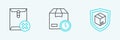 Set line Delivery security with shield, Delete envelope and Cardboard box clock icon. Vector
