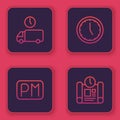 Set line Delivery time, Day, Clock and Project plan. Blue square button. Vector Royalty Free Stock Photo