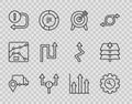 Set line Delivery tracking, Wrench and gear, Target, Arrow, Pie chart infographic and Layers icon. Vector