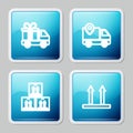 Set line Delivery truck with gift, tracking, Cardboard box traffic and This side up icon. Vector Royalty Free Stock Photo