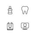 Set line Dental clinic location, Calendar with tooth, Mouthwash and Tooth icon. Vector