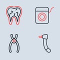 Set line Dental floss, pliers, Tooth drill and Broken tooth icon. Vector