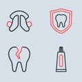 Set line Dental protection, Broken tooth, Tube of toothpaste and plate icon. Vector