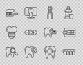 Set line Dental search, Dentures model, pliers, Tooth, Toothbrush with toothpaste, Candy, Teeth braces and icon. Vector Royalty Free Stock Photo