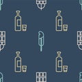 Set line Detonate dynamite bomb stick, Whiskey bottle and glass and Feather pen on seamless pattern. Vector