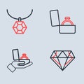 Set line Diamond engagement ring in box, and Pendant necklace icon. Vector