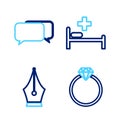 Set line Diamond engagement ring, Fountain pen nib, Hospital bed and Chat icon. Vector