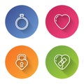 Set line Diamond engagement ring, Heart, Castle the shape of heart and Healed broken. Color circle button. Vector