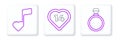 Set line Diamond engagement ring, Music note, tone with hearts and Heart icon. Vector Royalty Free Stock Photo
