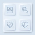 Set line Diamond engagement ring, Search heart and love, Candy shaped box and Heart. White square button. Vector Royalty Free Stock Photo