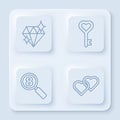 Set line Diamond, Key in heart shape, Search 8 March and Two Linked Hearts. White square button. Vector