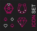 Set line Diamond, Playing cards, Horseshoe and Lucky wheel icon. Vector