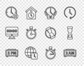 Set line Digital alarm clock, Clock, World time, delete, Stopwatch, and Old hourglass icon. Vector Royalty Free Stock Photo