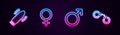 Set line Dildo vibrator for sex games, Female gender symbol, Male and Sexy fluffy handcuffs. Glowing neon icon. Vector