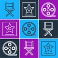 Set line Director movie chair, Film reel and Hollywood walk of fame star icon. Vector Royalty Free Stock Photo