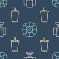 Set line Director movie chair, Paper glass with water and Movie spotlight on seamless pattern. Vector