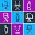Set line Director movie chair, USB flash drive and Director movie chair icon. Vector Royalty Free Stock Photo