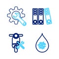 Set line Dirty water drop, Scooter service, Office folders and Wrench and gear icon. Vector