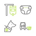 Set line Disabled car, Guide dog, Adult diaper and IV bag icon. Vector