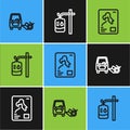 Set line Disabled car, X-ray shots and IV bag icon. Vector