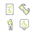 Set line Disabled wheelchair, Human broken arm, Eyeglasses and Separated toilet for disabled icon. Vector