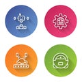 Set line Disassembled robot, Robot, Robotic arm on factory and vacuum cleaner. Color circle button. Vector