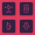 Set line Disassembled robot, Robot, Turn off from phone and . Blue square button. Vector