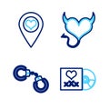 Set line Disc with inscription Sex, Sexy fluffy handcuffs, Devil heart horns and Location icon. Vector