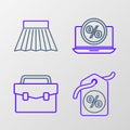 Set line Discount percent tag, Briefcase, Percent discount and laptop and Skirt icon. Vector
