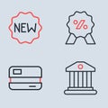 Set line Discount percent tag, Credit card, Bank building and Price with New icon. Vector