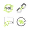 Set line Discount percent tag, Cursor click document folder, Chain link and Clock 24 hours icon. Vector