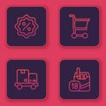 Set line Discount percent tag, Hand truck and boxes, Shopping cart and Cigarettes pack. Blue square button. Vector