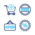 Set line Discount percent tag, Hanging sign with Open, Price Free and Add to Shopping cart icon. Vector