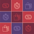 Set line Discount percent tag, Shopping list and Stopwatch discount icon. Vector Royalty Free Stock Photo