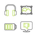 Set line Dislike in speech bubble, Battery charge level indicator, Picture landscape and Headphones icon. Vector Royalty Free Stock Photo