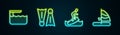 Set line Diving board or springboard, Flippers for swimming, Surfboard and Windsurfing. Glowing neon icon. Vector