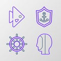 Set line Diving hood, Ship steering wheel, Anchor inside shield and Fish icon. Vector Royalty Free Stock Photo