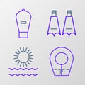 Set line Diving hood, Sun and waves, Rubber flippers for swimming and Lift bag icon. Vector Royalty Free Stock Photo