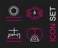 Set line Diving mask, Fishing boat on water, Wind rose and Sun and waves icon. Vector